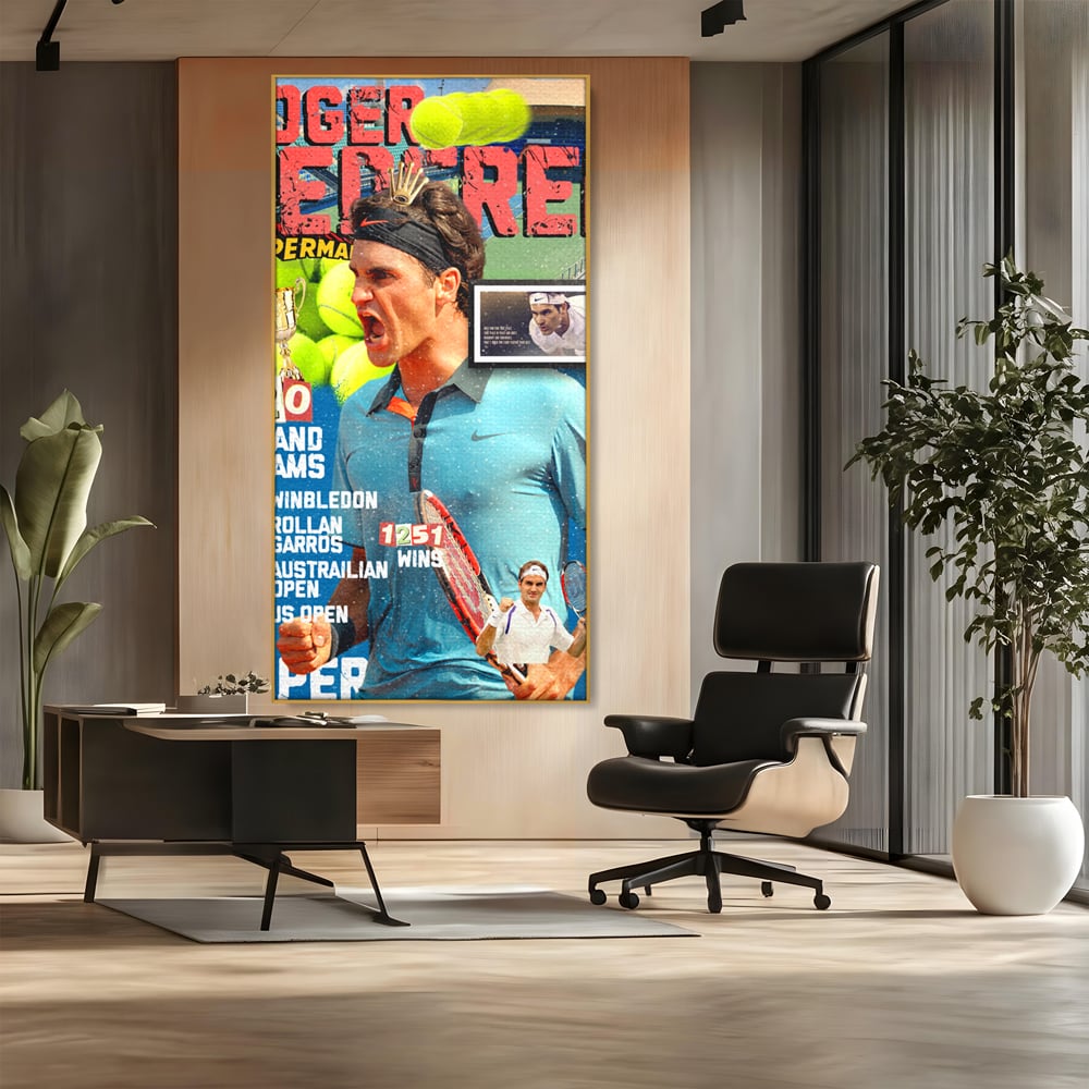 Tablou canvas cu tablou canvas cu roger federer si racheta de tenis, in rama de aluminiu auriu, pe perete intr-un birou